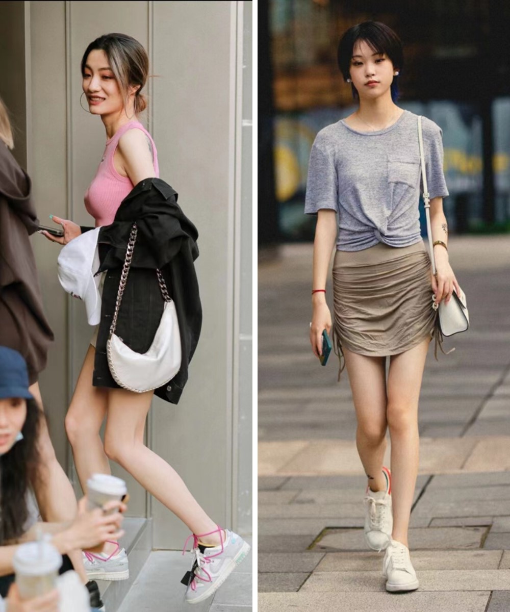 被上海街拍惊艳到了！“裙子+运动鞋”搭配时髦又有女人味，真美