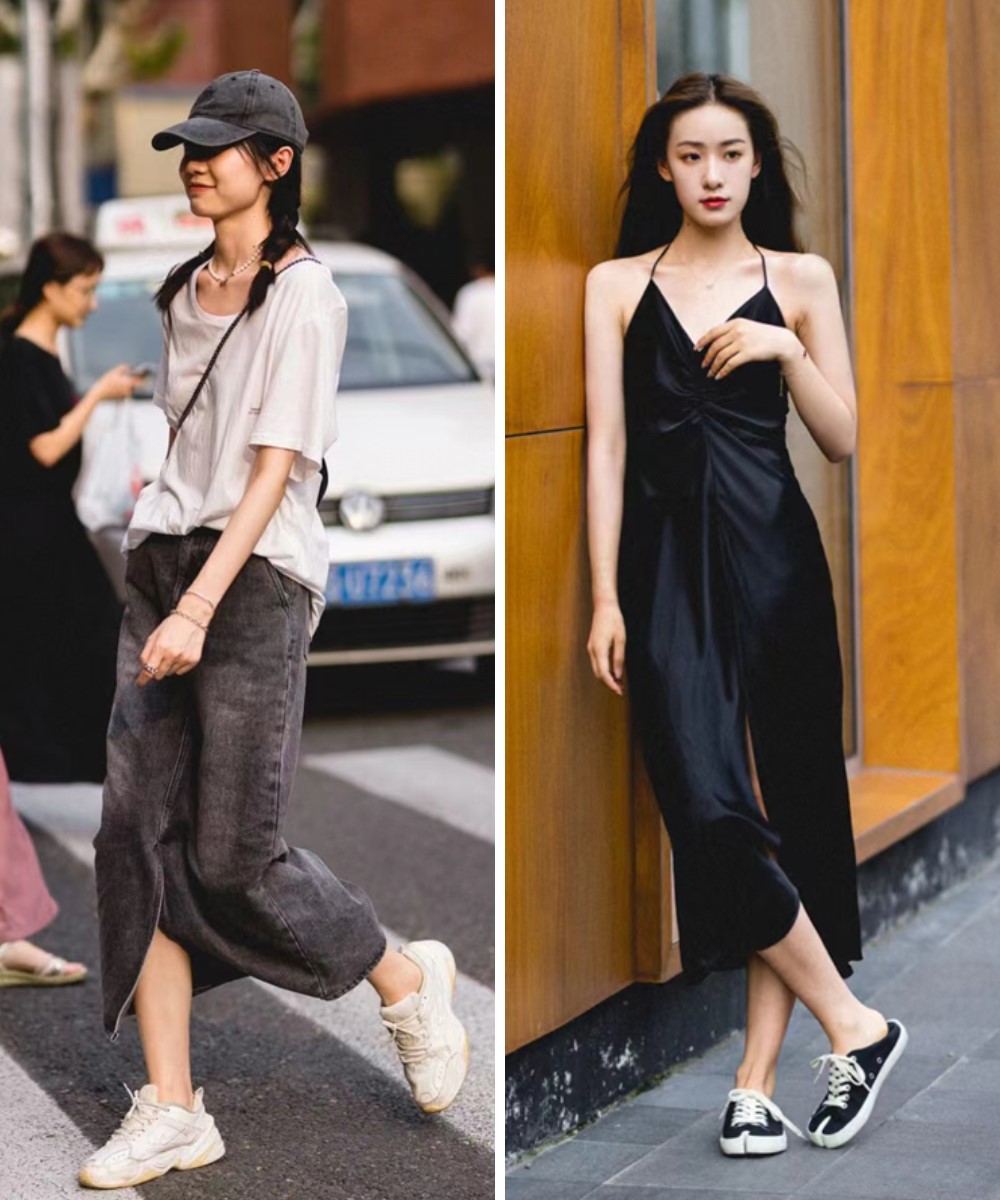 被上海街拍惊艳到了！“裙子+运动鞋”搭配时髦又有女人味，真美