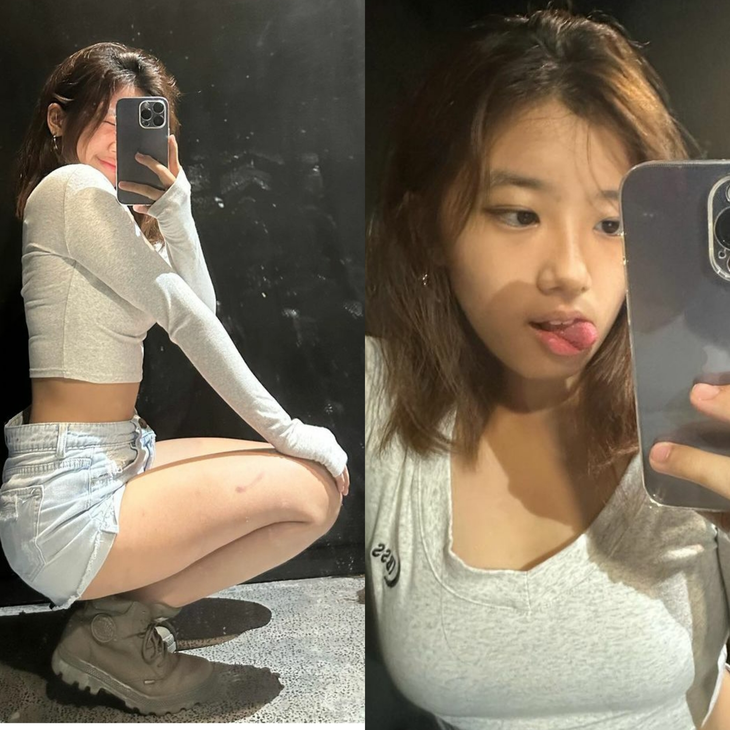 贾静雯17岁女儿晒性感照，穿渔网袜坐洗手台自拍，美腿瞩目显成熟
